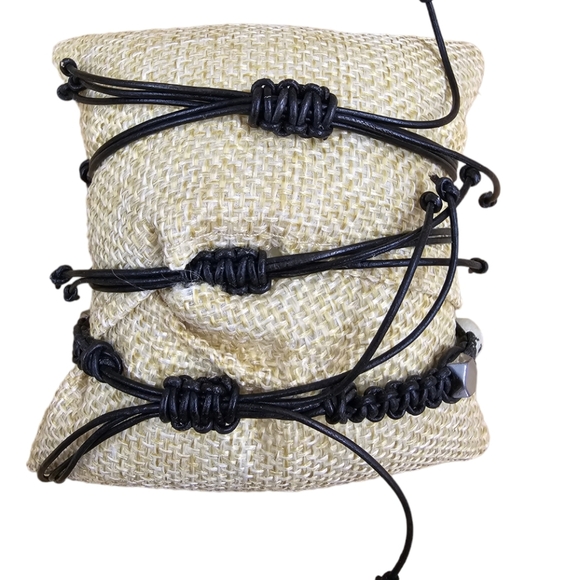 Genuine Leather + Stainless Steel + Dalamatian Jasper Boho Bracelet Set of 3 - Picture 4 of 5